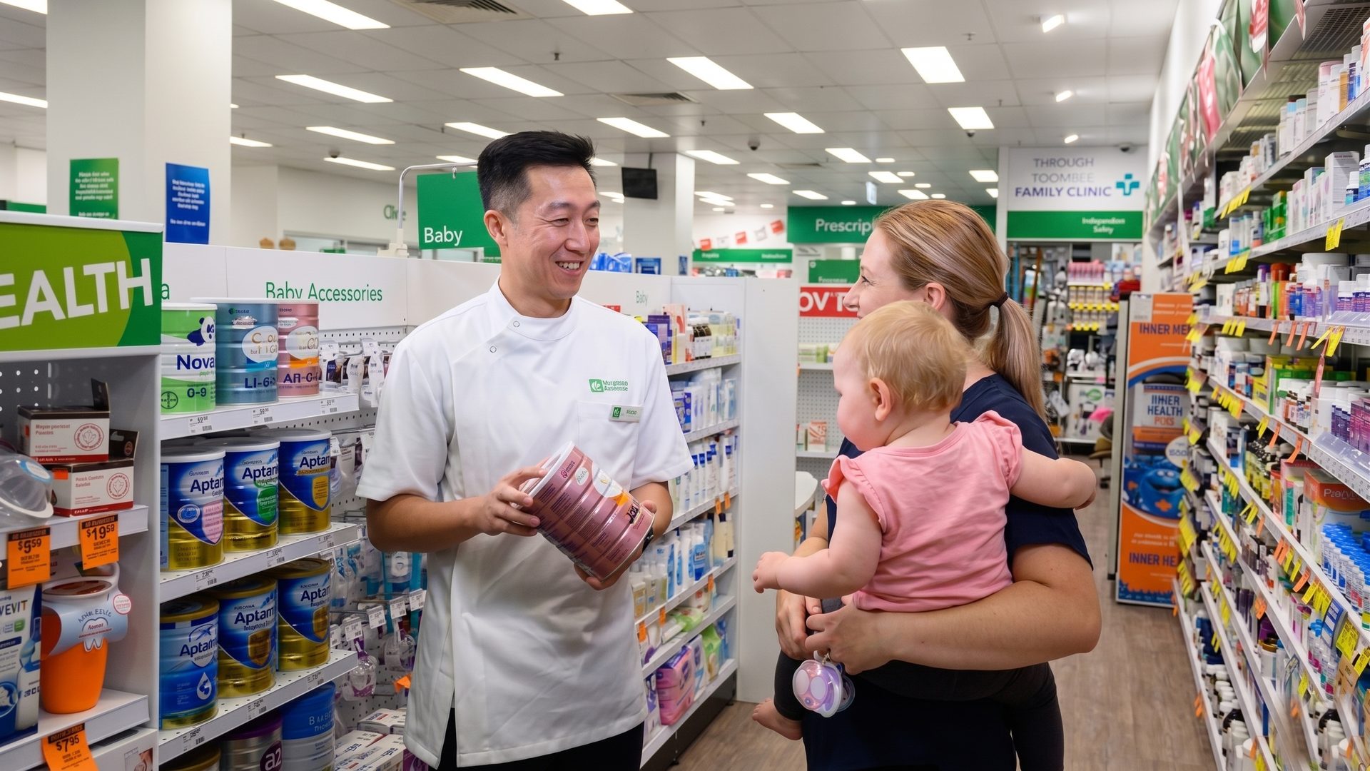 A community pharmacist advising a parent holding a baby in the aisle of an Australian pharmacy.