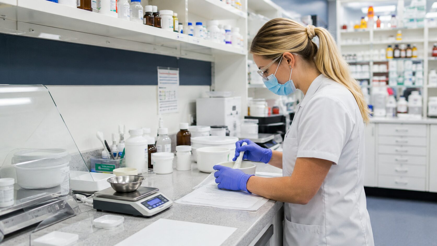 A pharmacist in a mask and gloves preparing a compounded medicine at a laboratory bench in an Australian pharmacy.