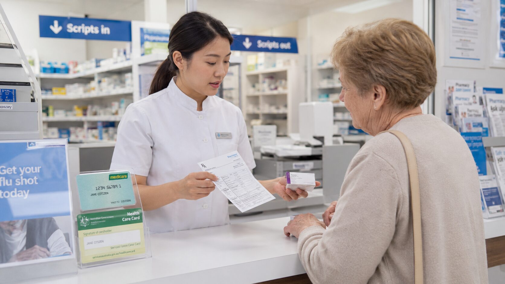 A pharmacist handing a prescription to an older customer at the counter of an Australian pharmacy, beside a concession and Medicare card display.