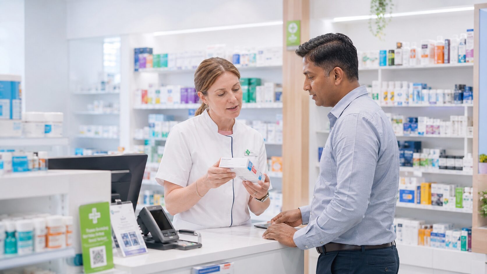 A pharmacist explaining a medicine to a customer at the counter of an Australian community pharmacy.