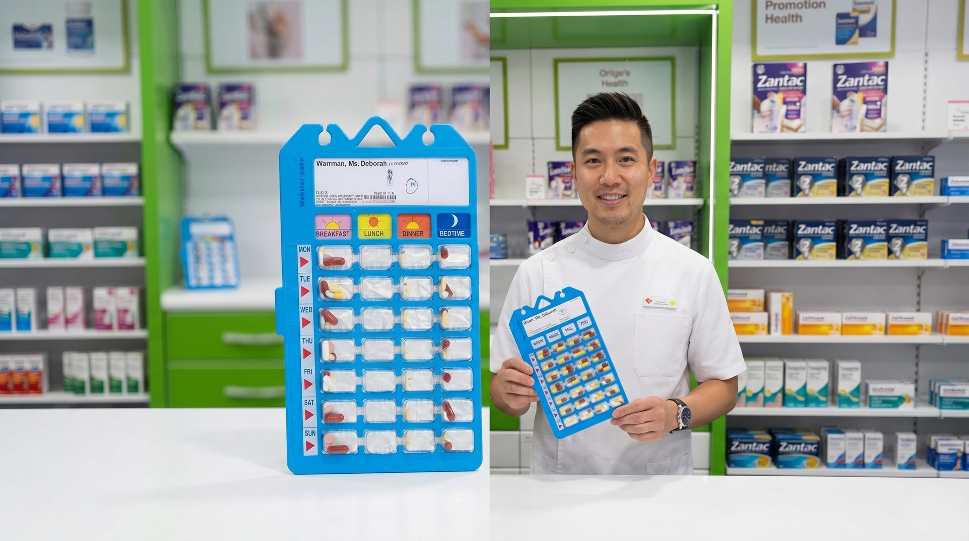 An Australian pharmacist holding a weekly dose administration aid with labelled compartments behind the dispensary.