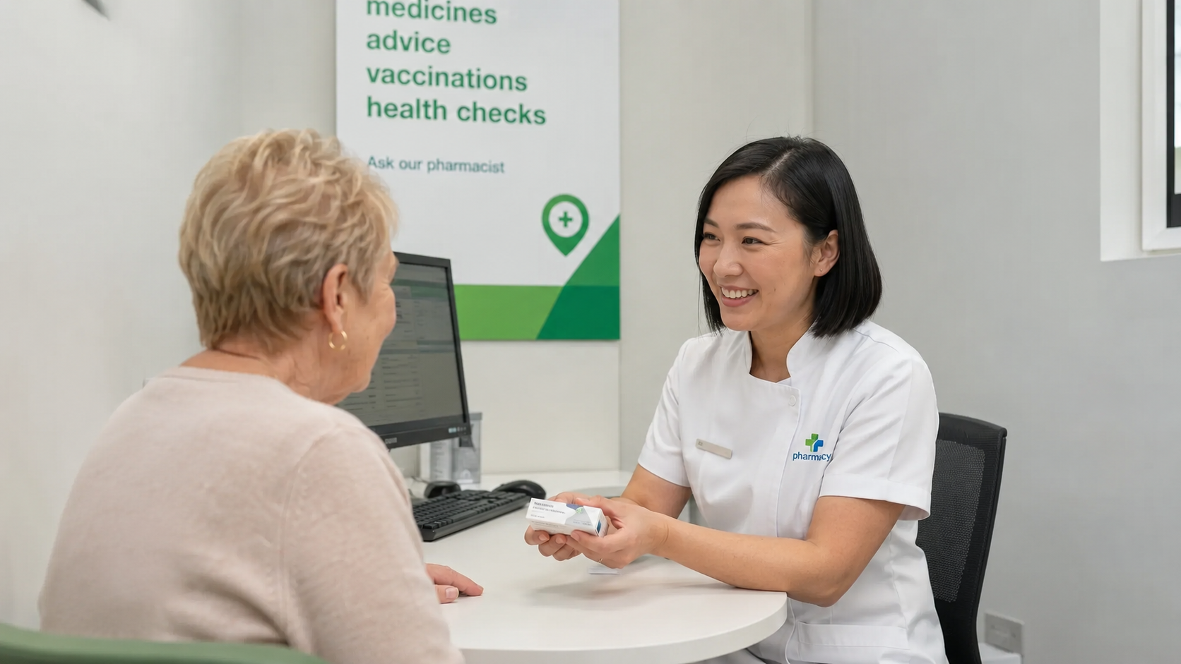 A pharmacist in a private consultation room with an older female patient, beside a sign listing medicines, vaccinations and health checks.