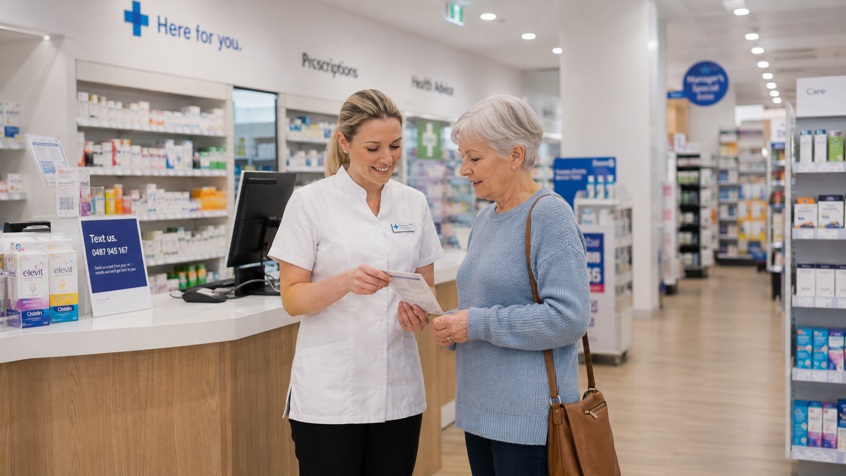 Pharmacist reviewing prescription with older customer at pharmacy counter with Here for You signage