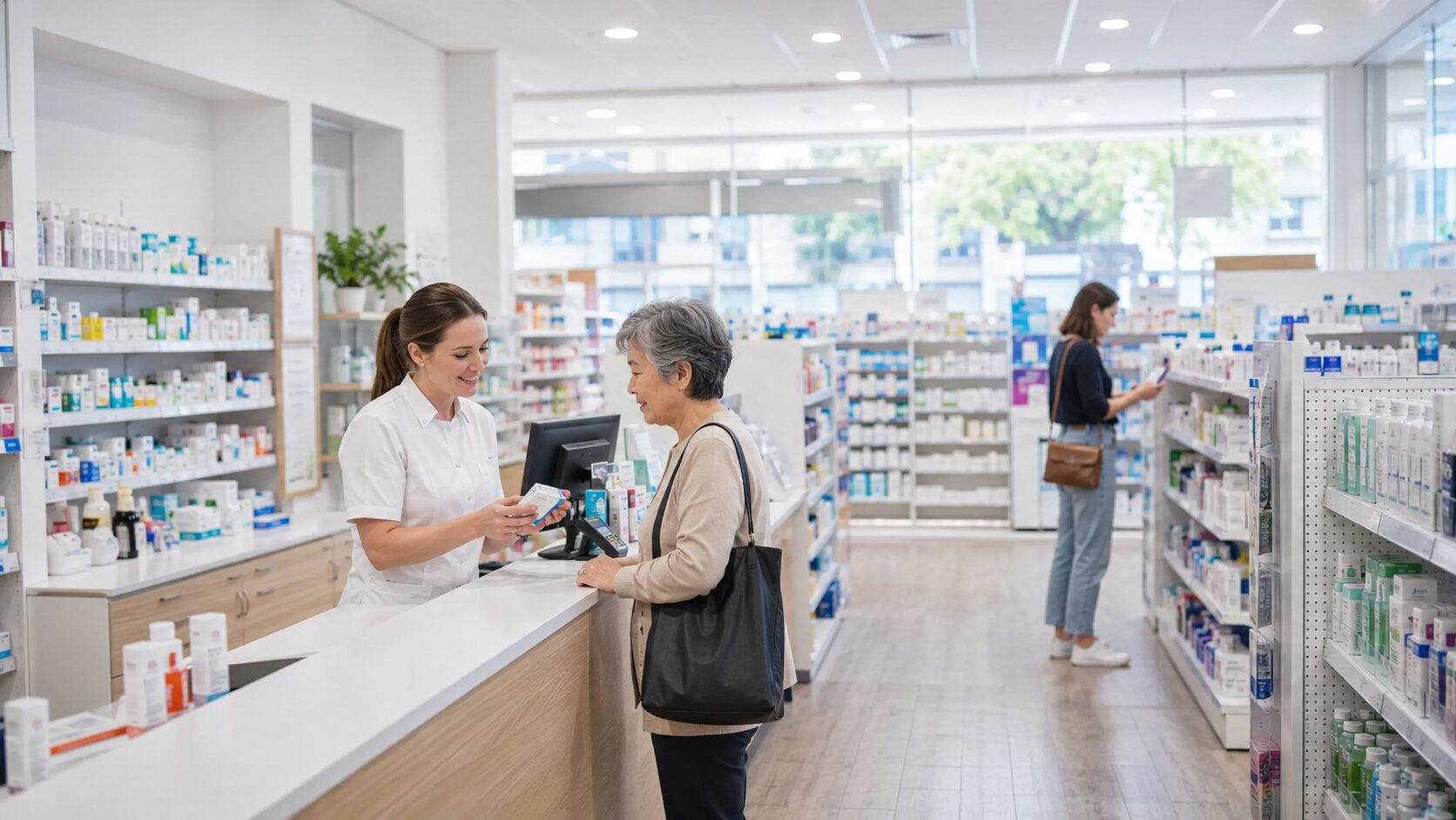 A pharmacist serving an older customer at the counter of an Australian community pharmacy, with another customer browsing nearby.