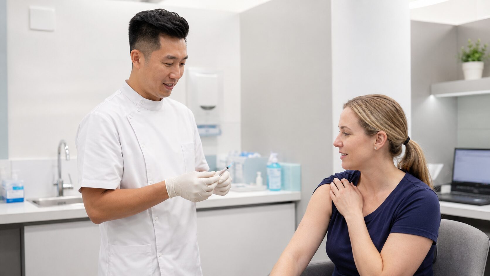 A pharmacist wearing gloves preparing to give a vaccination to a seated patient in the consulting room of an Australian pharmacy.