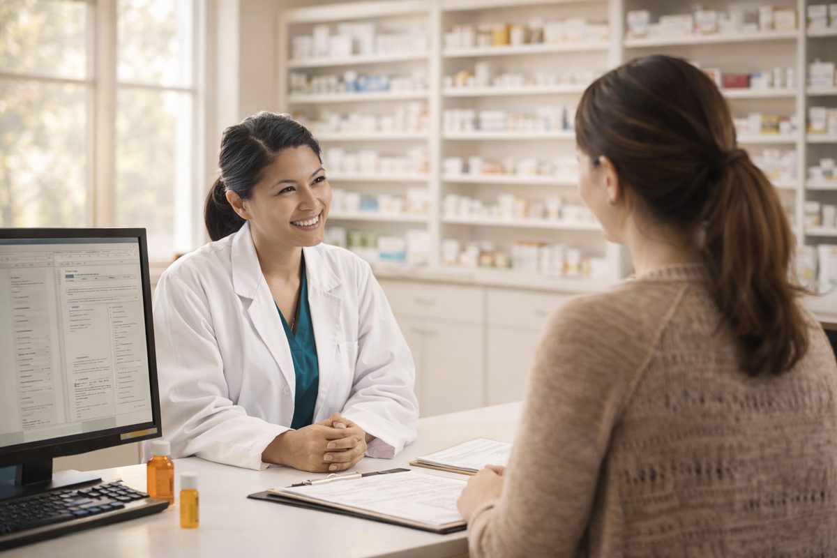 A pharmacist and customer talking privately in a consultation area of an Australian pharmacy.