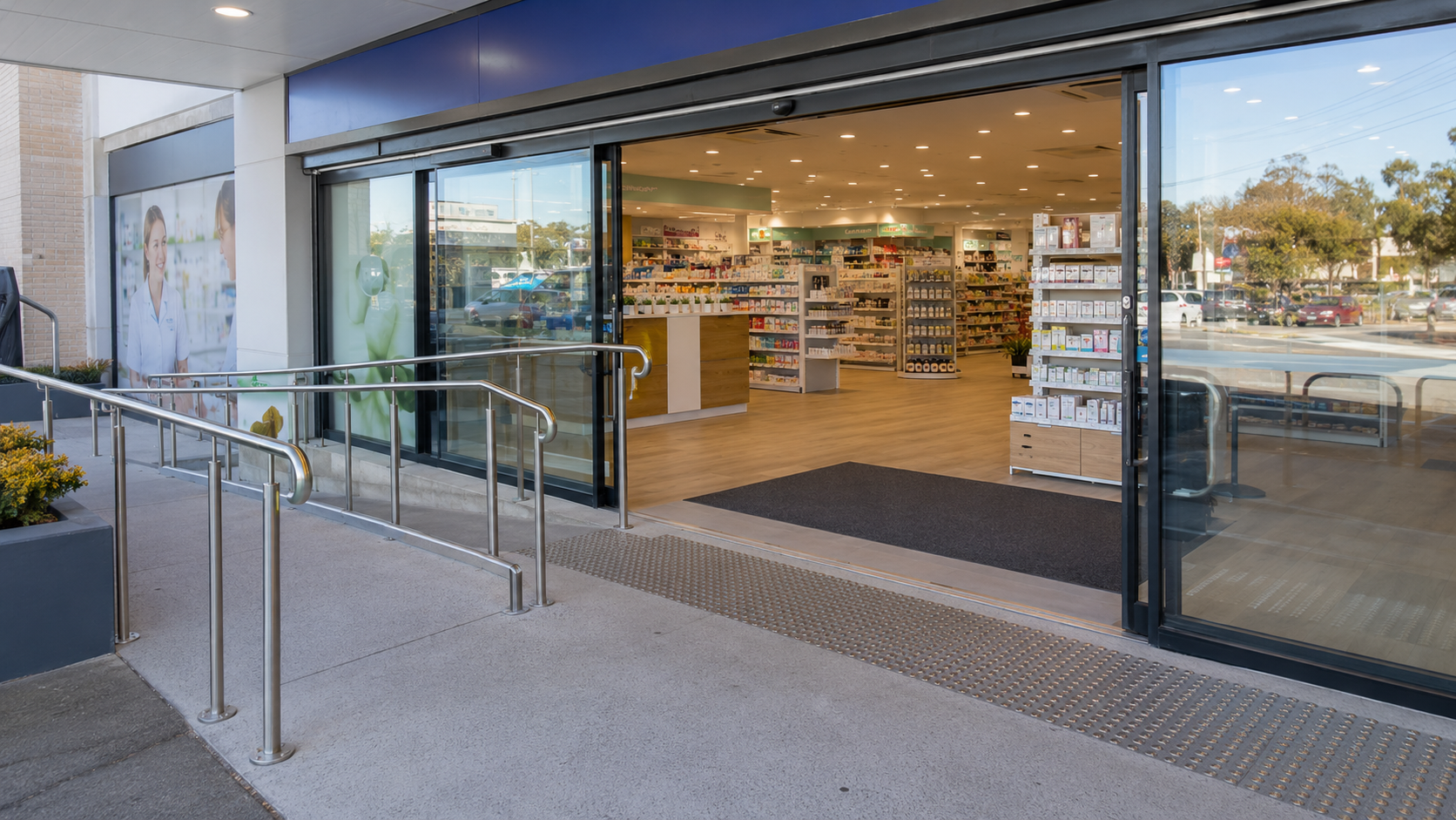 The exterior of an accessible Australian community pharmacy with glass sliding doors, a disability ramp and handrails, shelves of products visible inside.