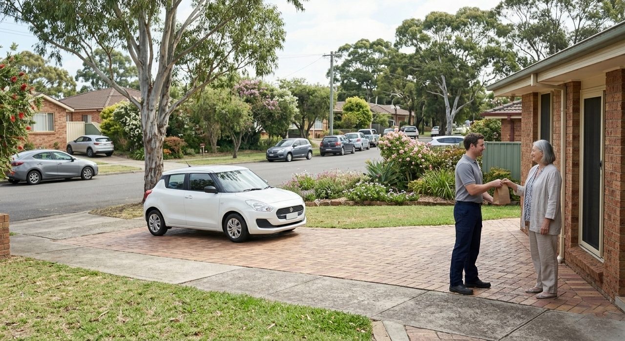A pharmacy delivery driver handing a brown paper medicines bag to an older woman at the front of her suburban Australian home.