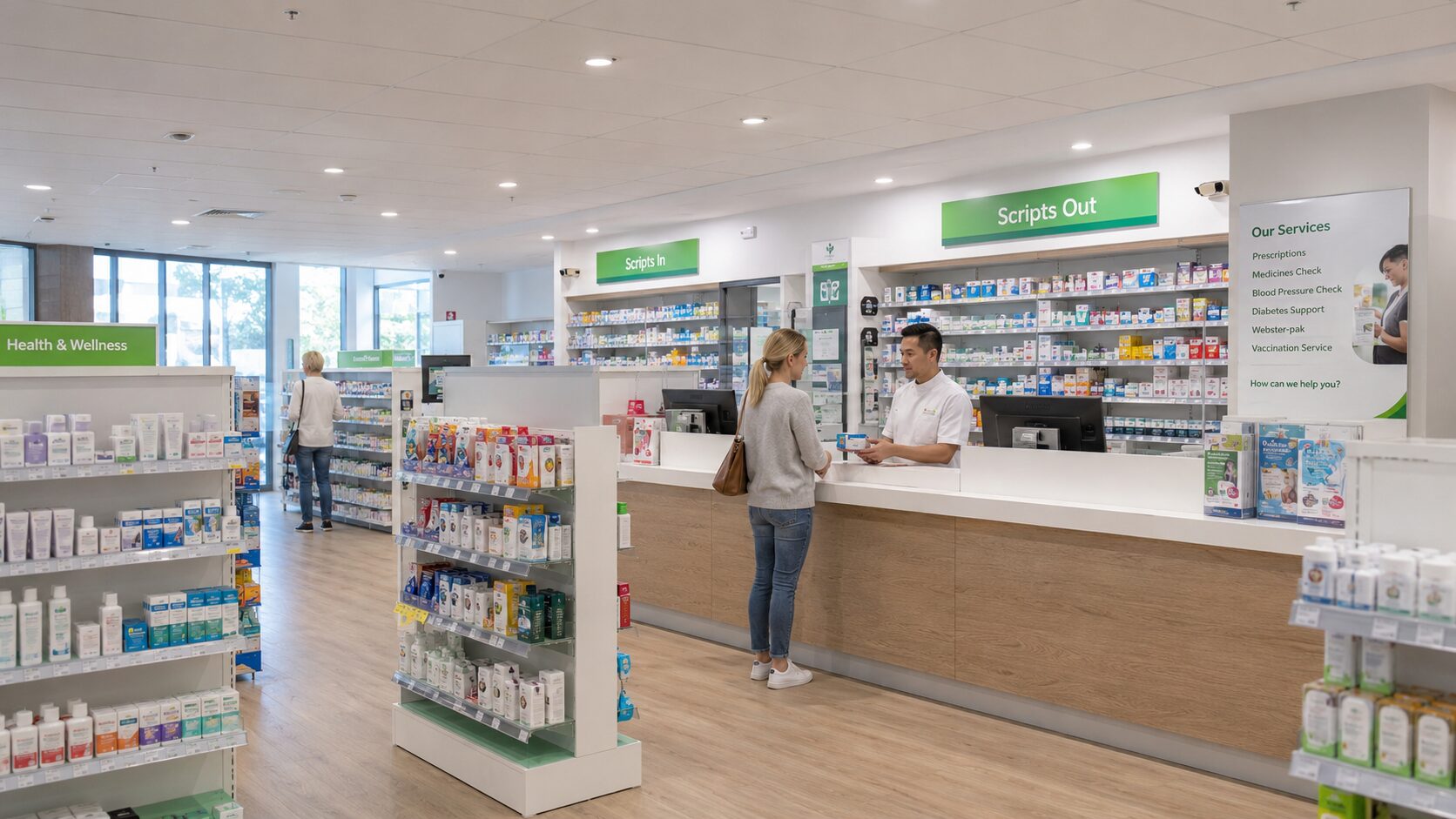 A customer at the counter of an Australian community pharmacy beside a services board listing medicines checks, blood pressure checks, diabetes support and vaccinations.