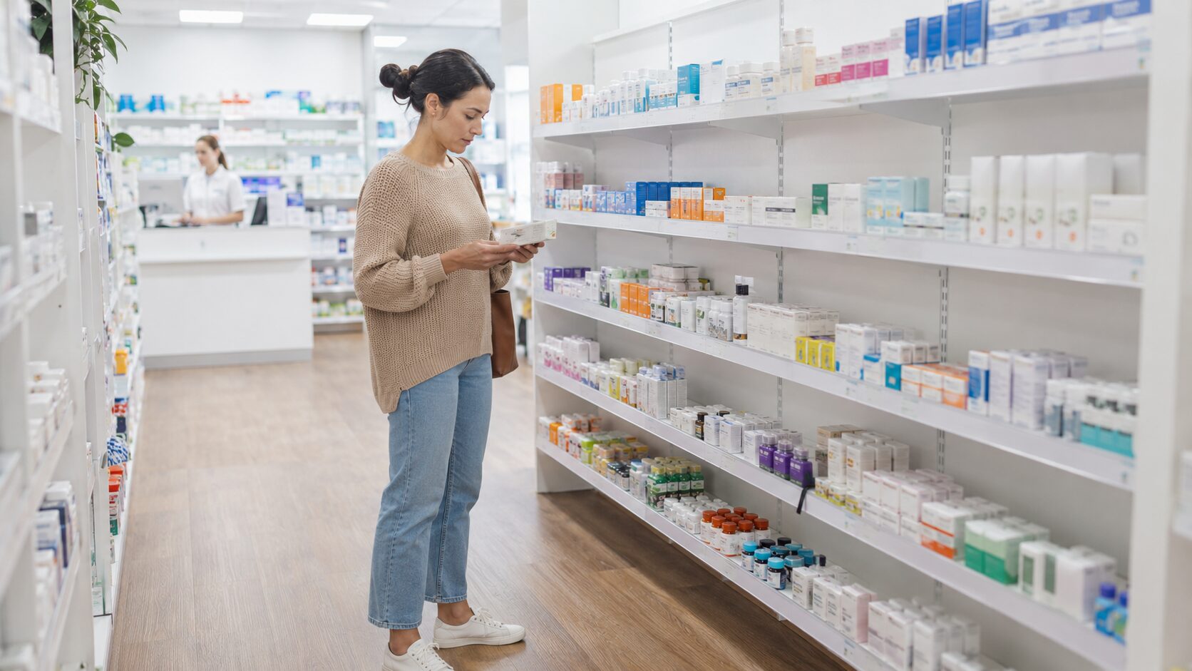 A customer reading a medicine box while browsing the brightly lit shelves of an Australian community pharmacy.